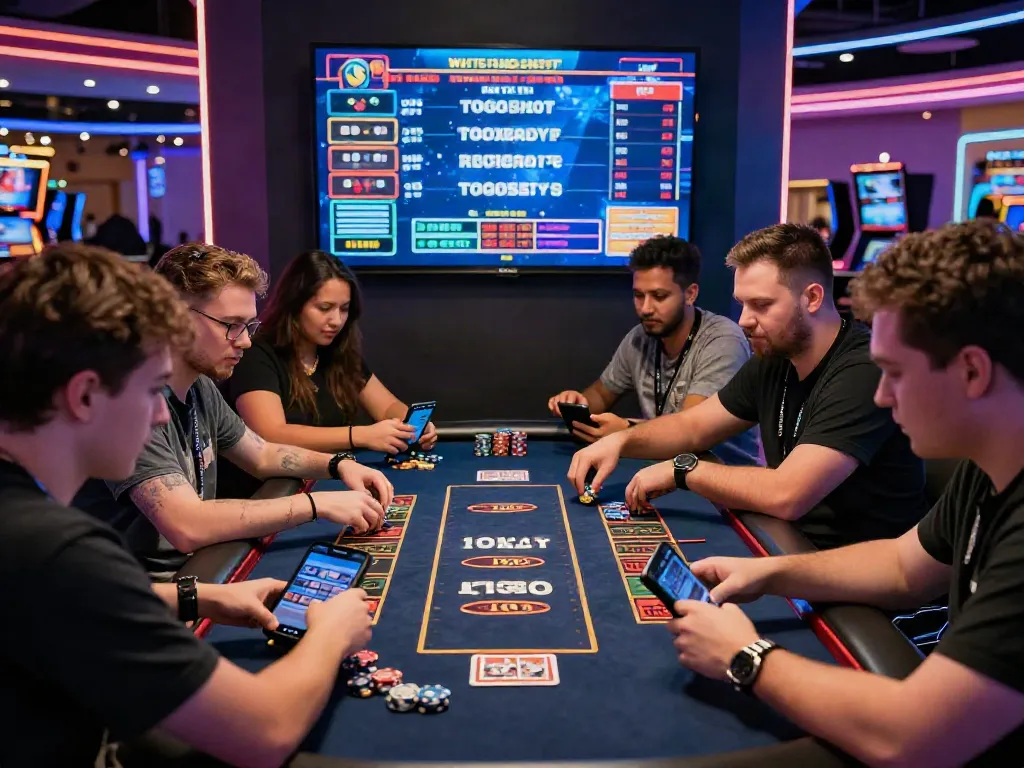 Sejumlah pemain berpartisipasi dalam permainan togel digital rajatogel di kasino modern dengan suasana penuh semangat.