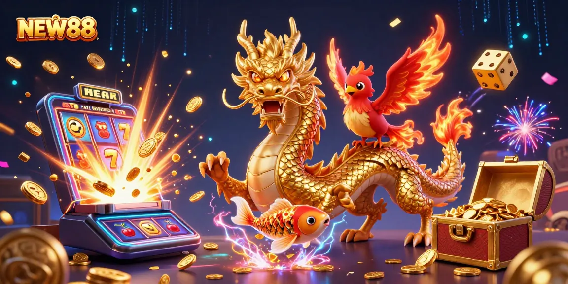 Engage in thrilling action at NEW88 with vibrant casino elements and a dynamic dragon illustration.