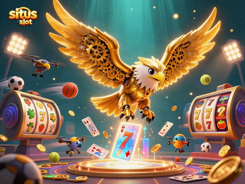 Menggali, slot gacor hari ini dalam ilustrasi 3D dengan burung elang emas dan elemen slot