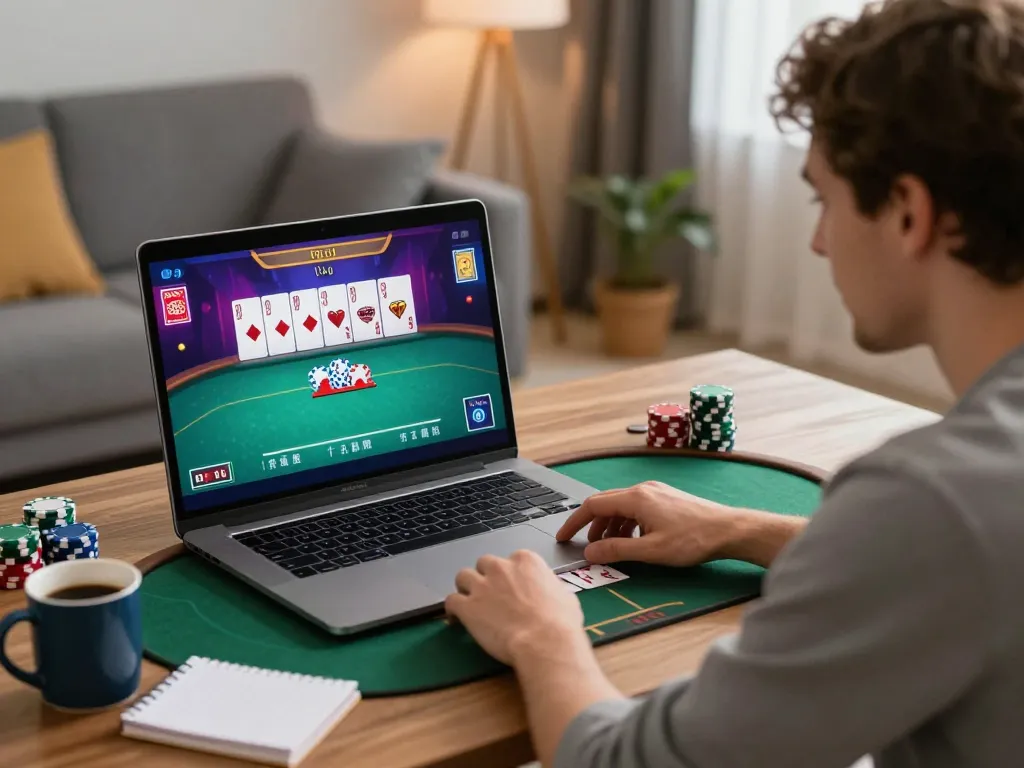 Player immersed in poker gameplay on the 888VI Homepage, demonstrating strategic online gambling in a cozy home setup.