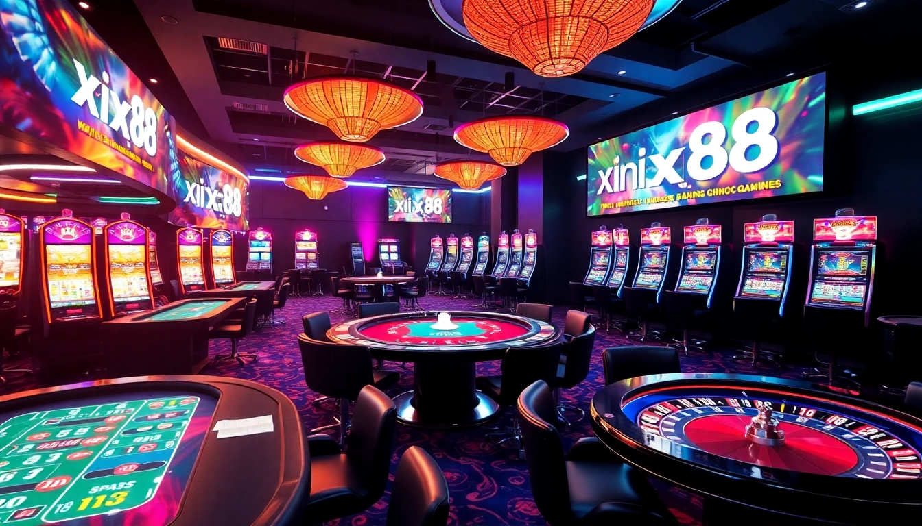 Experience the excitement of casino gaming with xin88's vibrant online interface filled with slot machines and poker tables.