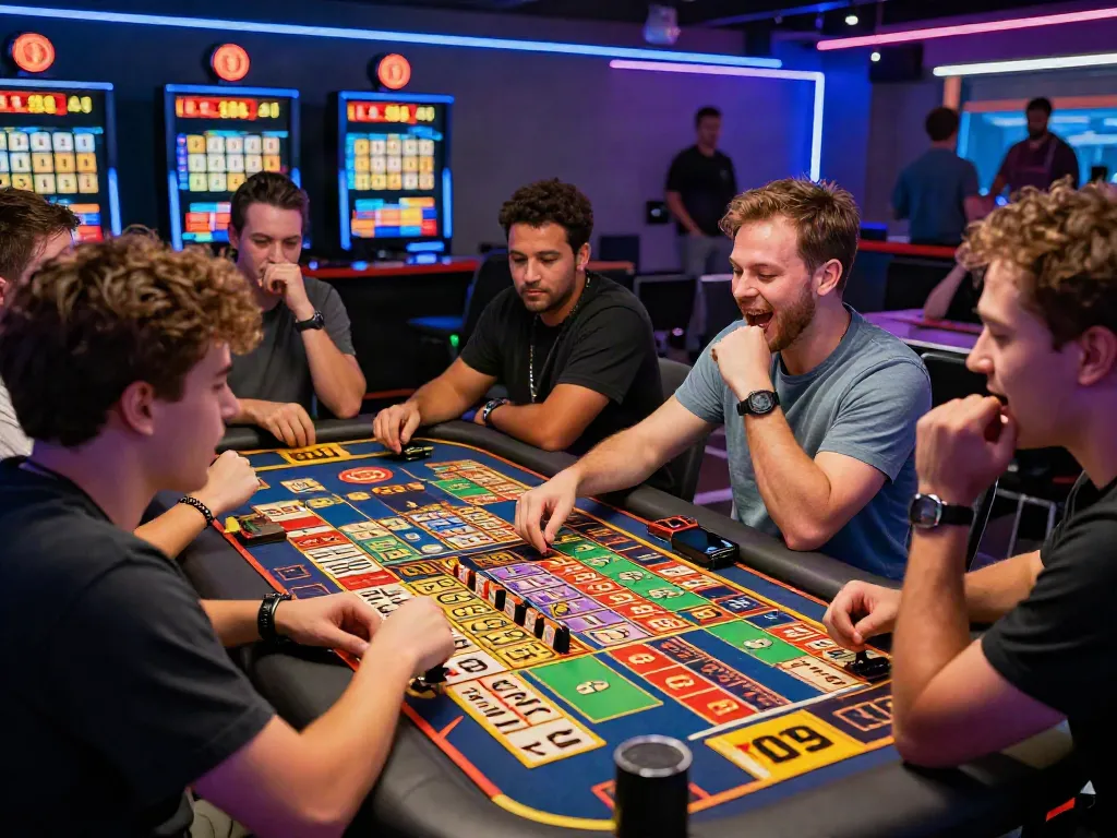 Suasana permainan ratutogel dengan pemain bersemangat di ruang gaming yang berwarna-warni.