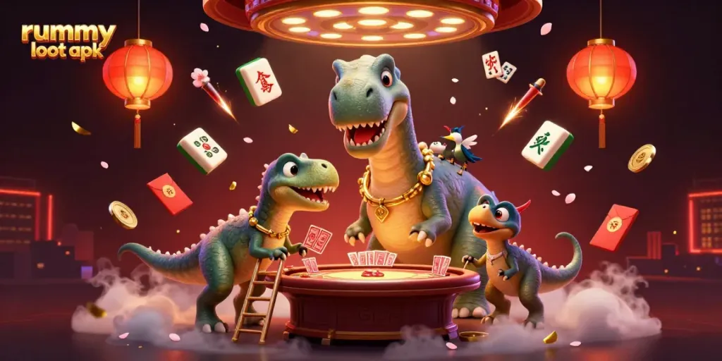 Experience rummy loot apk with a unique casino scene featuring a tall brontosaurus and a raptor dealer amidst rich game elements.