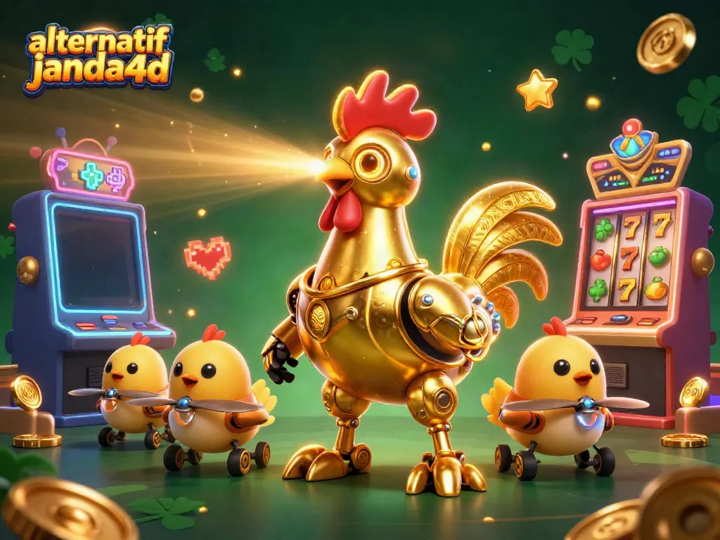 Ilustrasi 3D alternatif janda4d menunjukkan robot ayam emas futuristik di kasino dengan mesin slot.