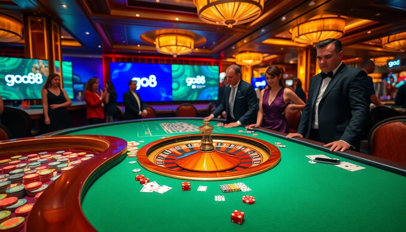 Enjoy a thrilling game of poker at go88 casino, featuring vibrant chips and a roulette wheel.