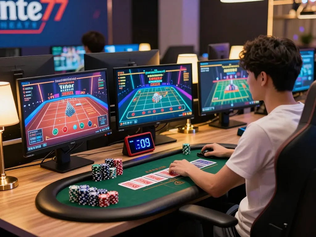 Pengaturan permainan online yang menarik menunjukkan aksi poker tante77 dengan beberapa layar dan perangkat modern.