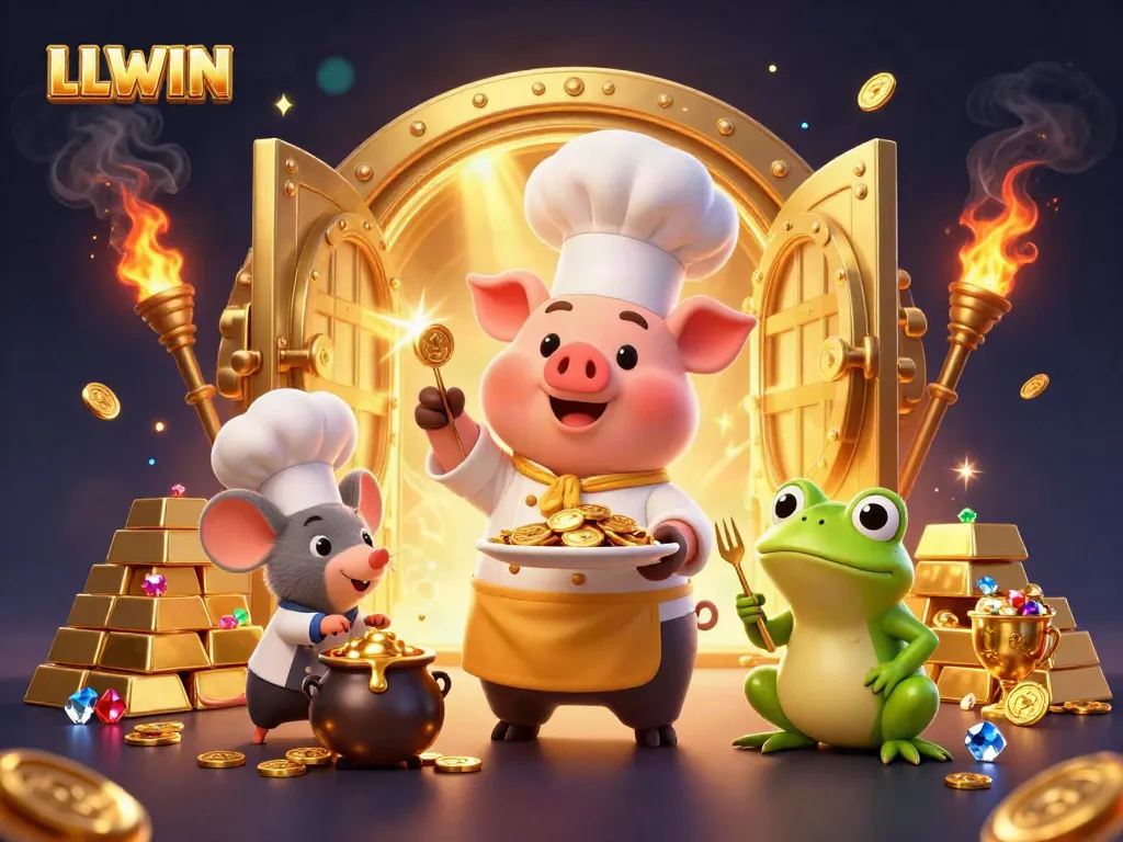 LLWIN platform showcasing a pig chef serving gold coins surrounded by casino riches and treasures.