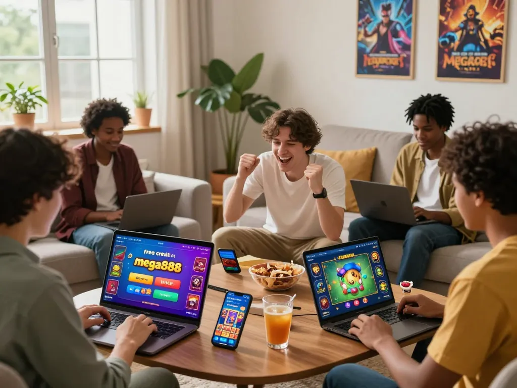 Excited players celebrating their wins with free credit mega888 in a cozy living room atmosphere.