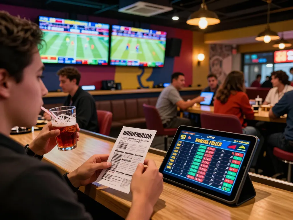 Patrons enjoying sports betting at NET88 lounge, analyzing odds on a tablet with excitement.