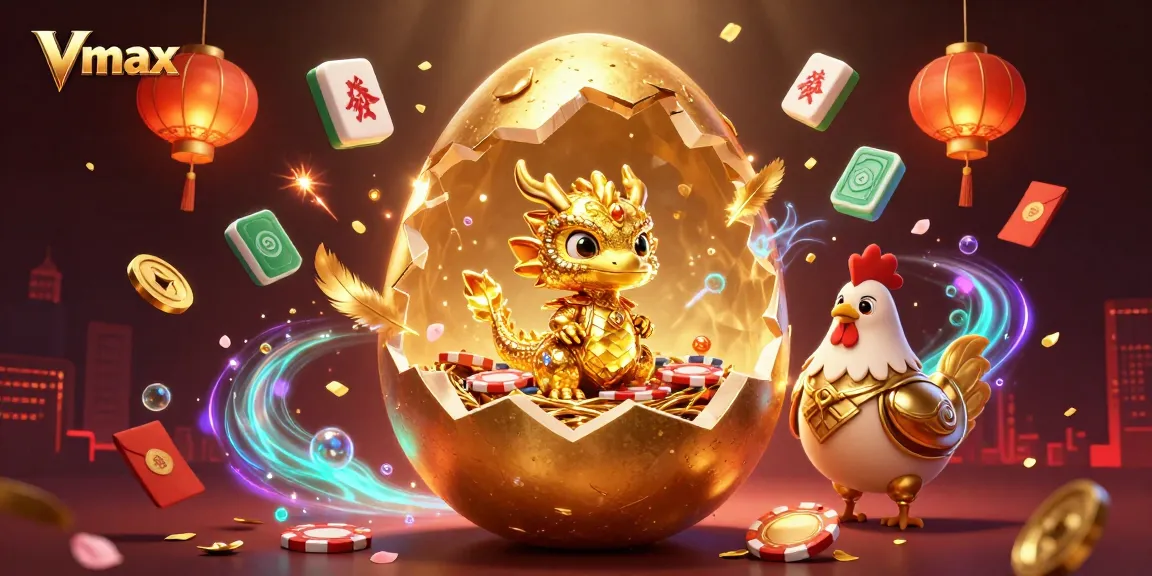 Experience thrilling gameplay at Vmax with a golden dragon and captivating casino elements in a dynamic scene.