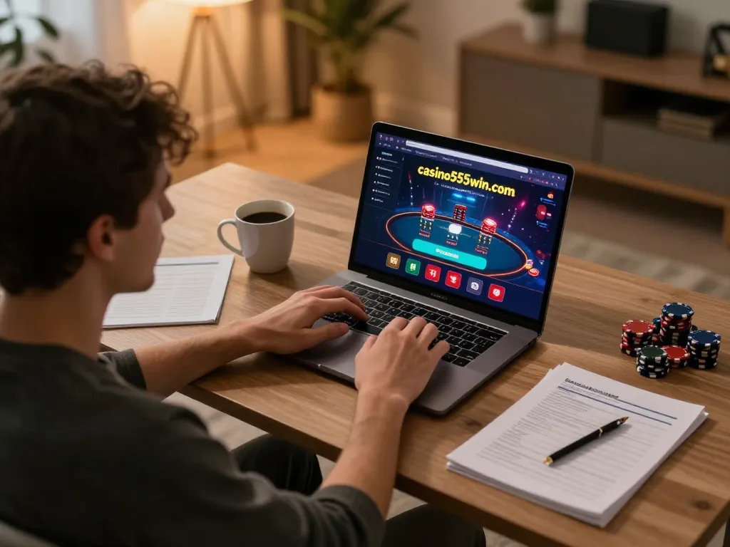 Engaging online poker gameplay on https://casino555win.com/ with player focused on laptop interface