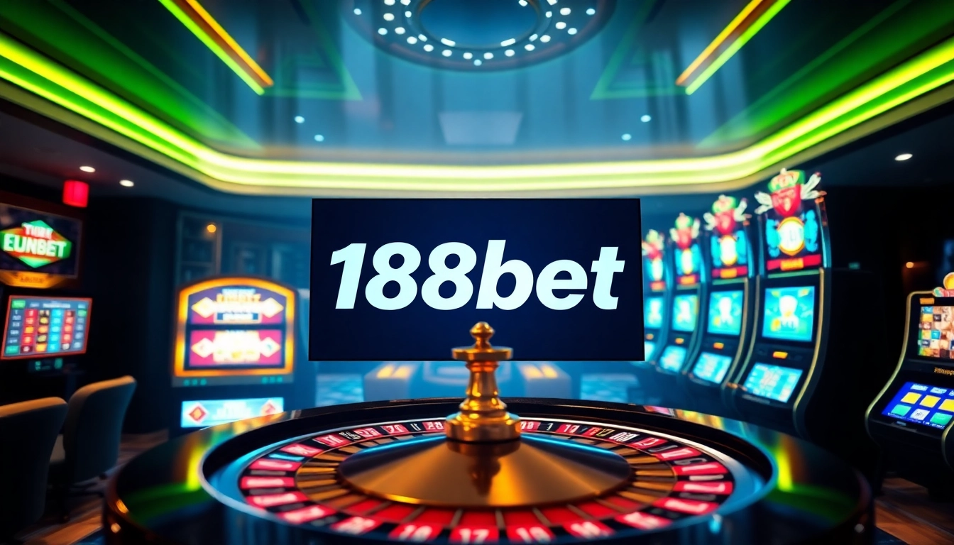 188bet offers thrilling online gambling experiences with vibrant casino visuals of roulette, poker chips, and slots.