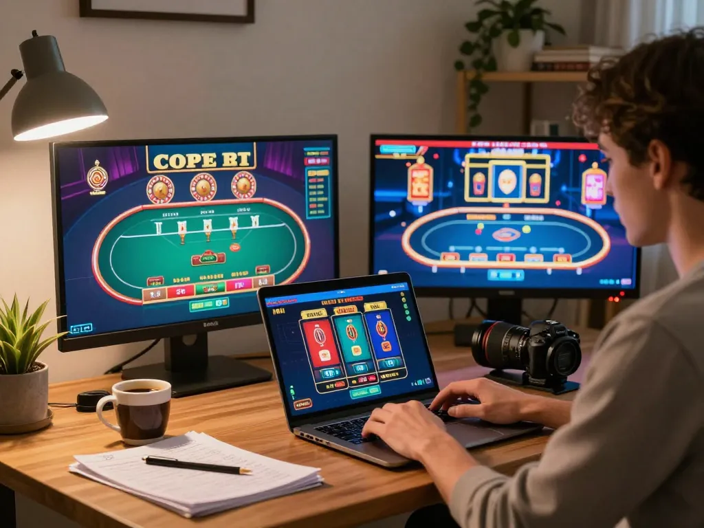 Engaging gameplay at Canadian online casinos with multiple screens in a cozy home setting.