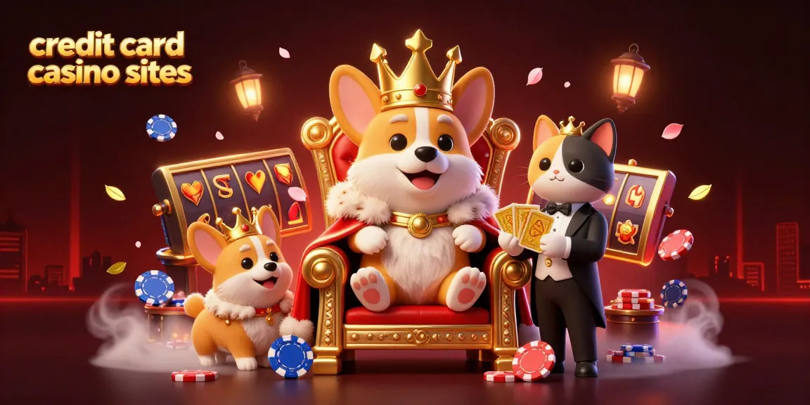 Experience the thrill of credit card casino sites with a royal corgi and vibrant gaming elements in this rich illustration.