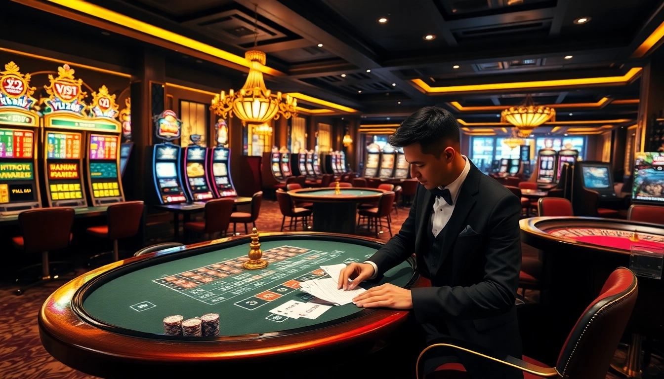 Experience thrilling gameplay at VJ88 casino with vibrant slot machines and elegant poker tables.