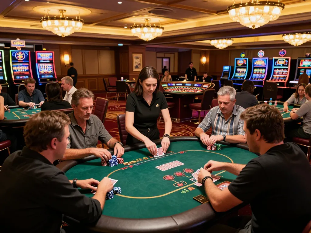 Players engaged at poker tables in a vibrant casino atmosphere, showcasing cm8888 system integration for seamless gaming.