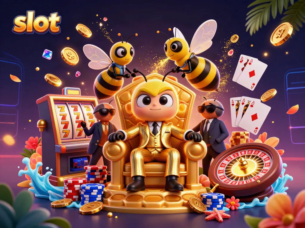 Engaging scene of a cartoon bumblebee mob boss surrounded by casino elements, showcasing slot machine excitement.