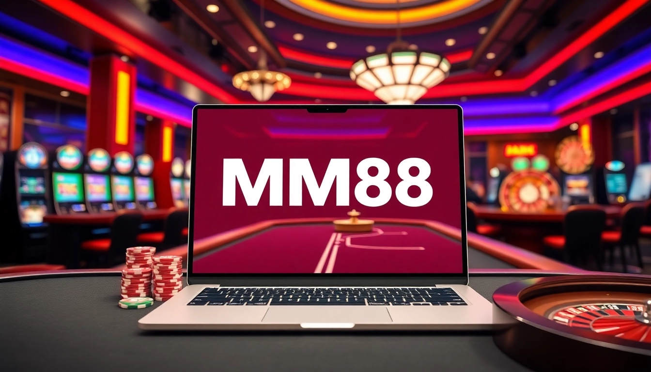 Experience thrilling online gaming at MM88 with a visually captivating casino scene.