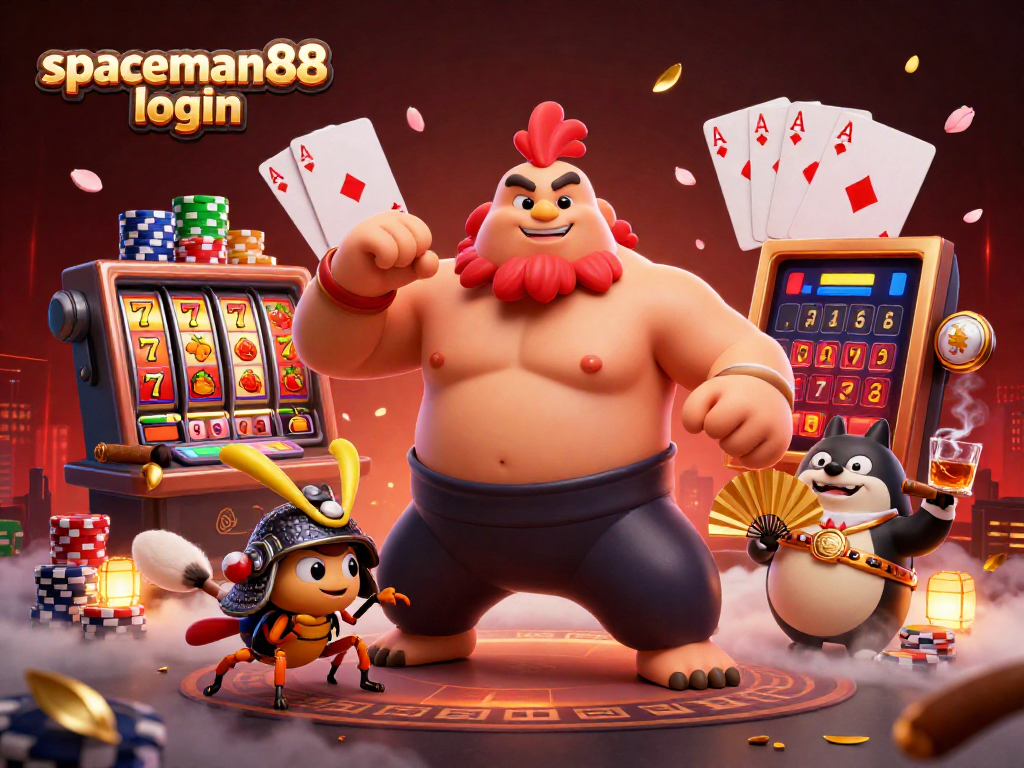Engage with spaceman88 login at an exciting casino scene featuring colorful slot reels and iconic characters.