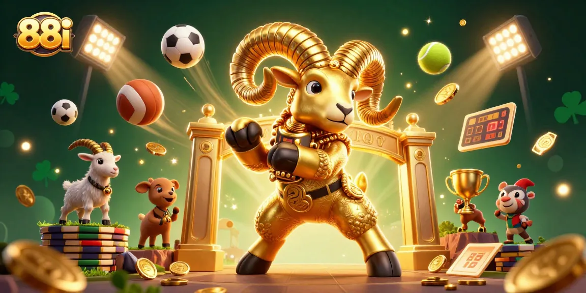 88i's dynamic golden ram charging through coins and sports elements, showcasing vibrant casino excitement.