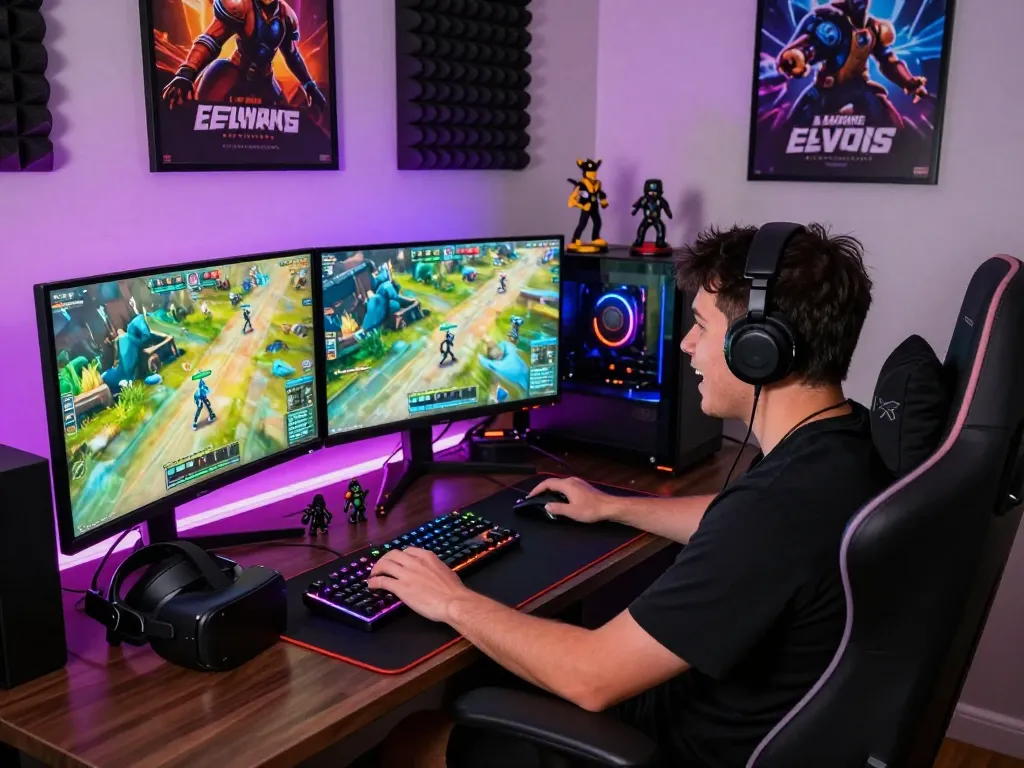 Gamer immersed in action at https://www.chappellsportscars.com/used-cars/, showcasing dual monitors and vibrant gaming setup.