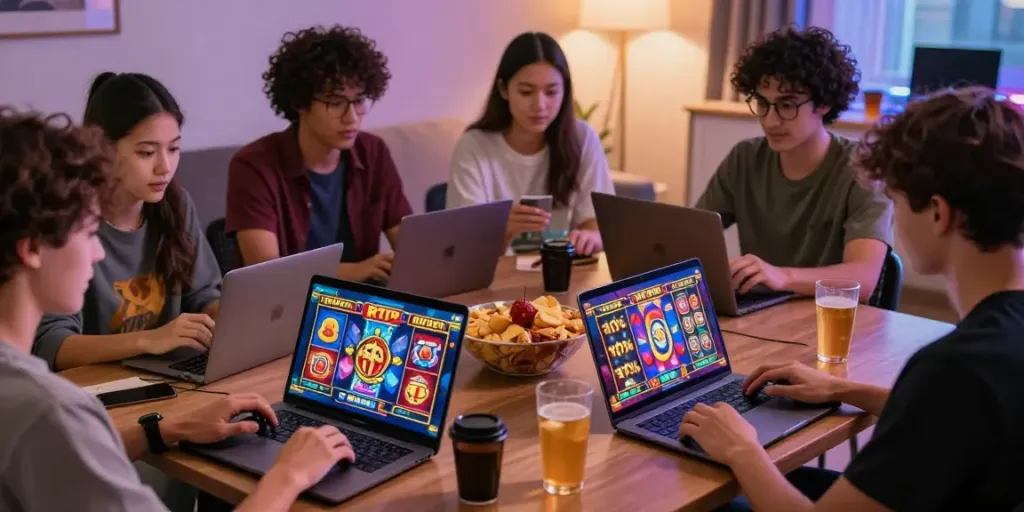 BUKUMIMPI138 slot gacor, pemain menikmati game slot dengan grafik warna-warni dan RTP tinggi.