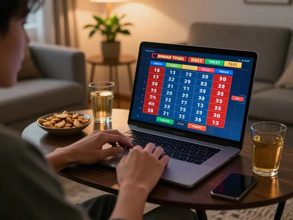 Bermain game bandar togel online di rumah dengan laptop, camilan, dan pencahayaan hangat.