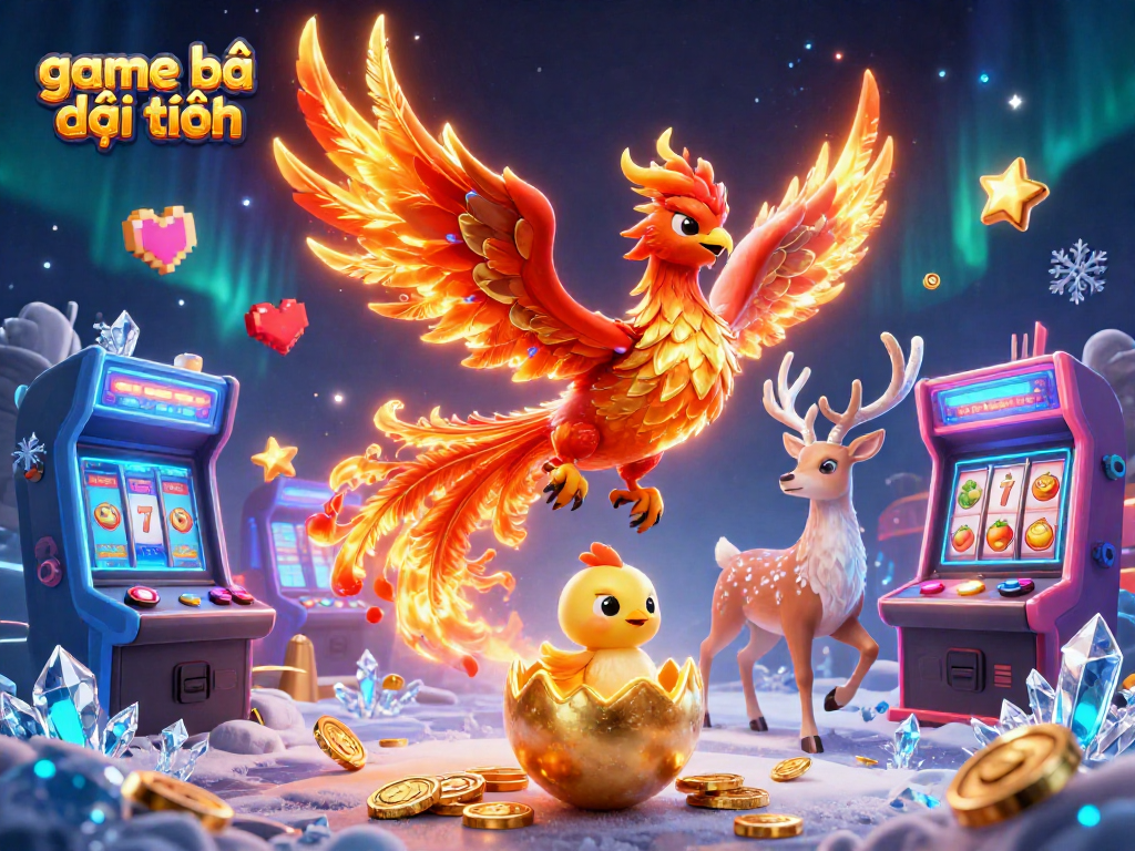Engage in game bài đổi thưởng while witnessing a vibrant phoenix and casino elements in a magical scene.