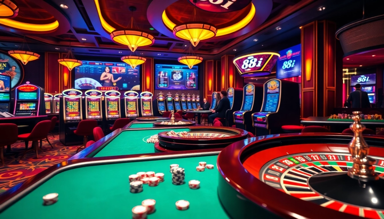 Exciting players engaging with 88i casino games at elegant tables filled with vibrant poker chips.