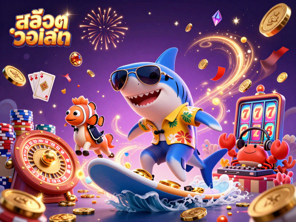 Experience สล็อตวอเลท with a mesmerizing 3D illustration of casino fun featuring a cartoon shark and vibrant rewards.