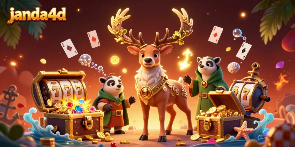 Visualisasi permainan slot janda4d dengan simbol slot, koin emas, dan karakter kartun magis.