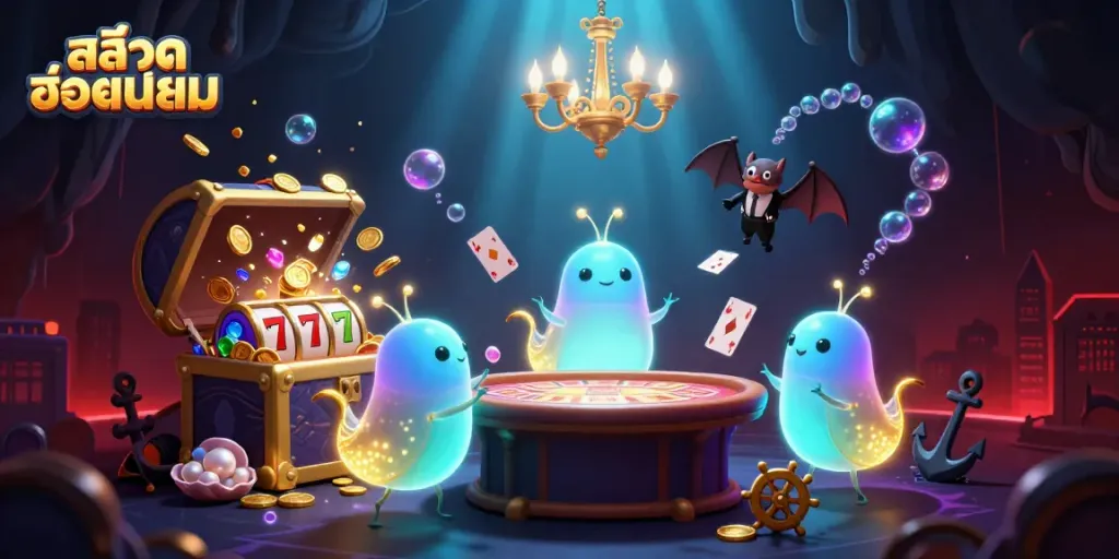 Engage with สล็อตยอดนิยม as glowworms illuminate a vibrant cave casino showcasing slot reels and treasures.