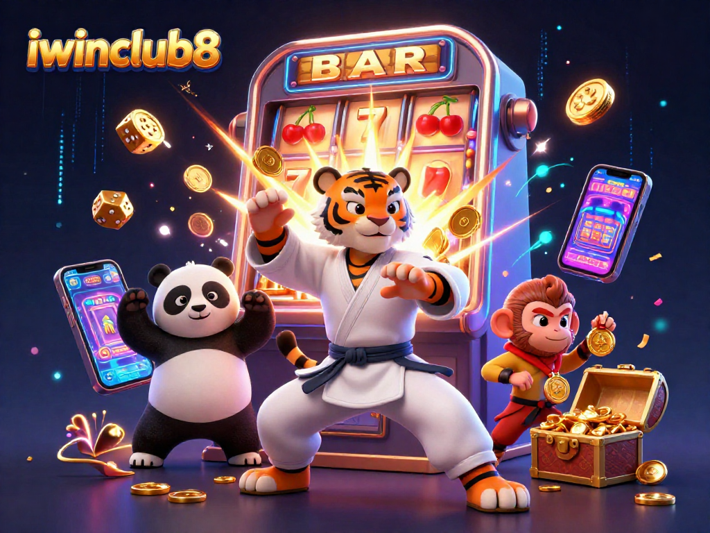 Engage in thrilling action with iwinclub8's lively 3D casino scene featuring a kung fu tiger, panda, and monkey.