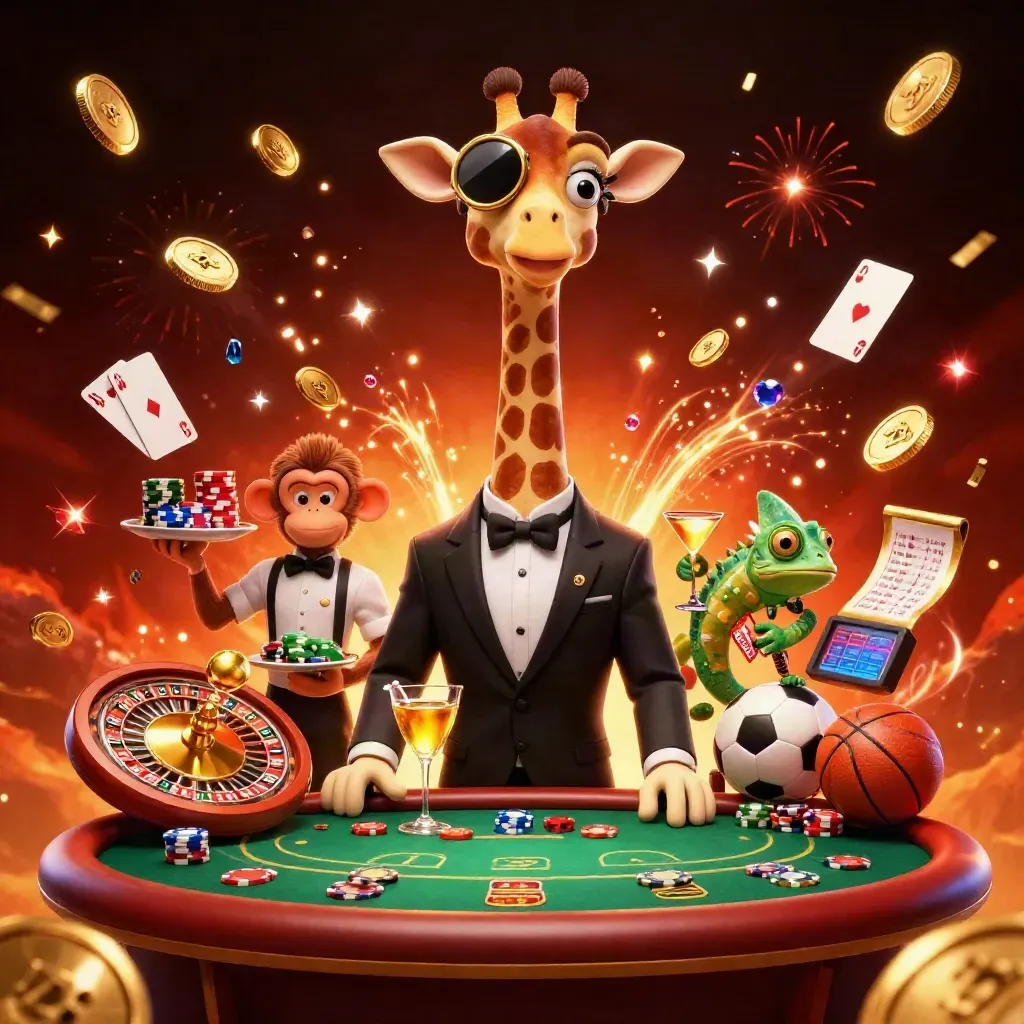 Giraffe, monkey, and chameleon in a luxe blackjack-style casino scene with coins, cards, and glowing lights.