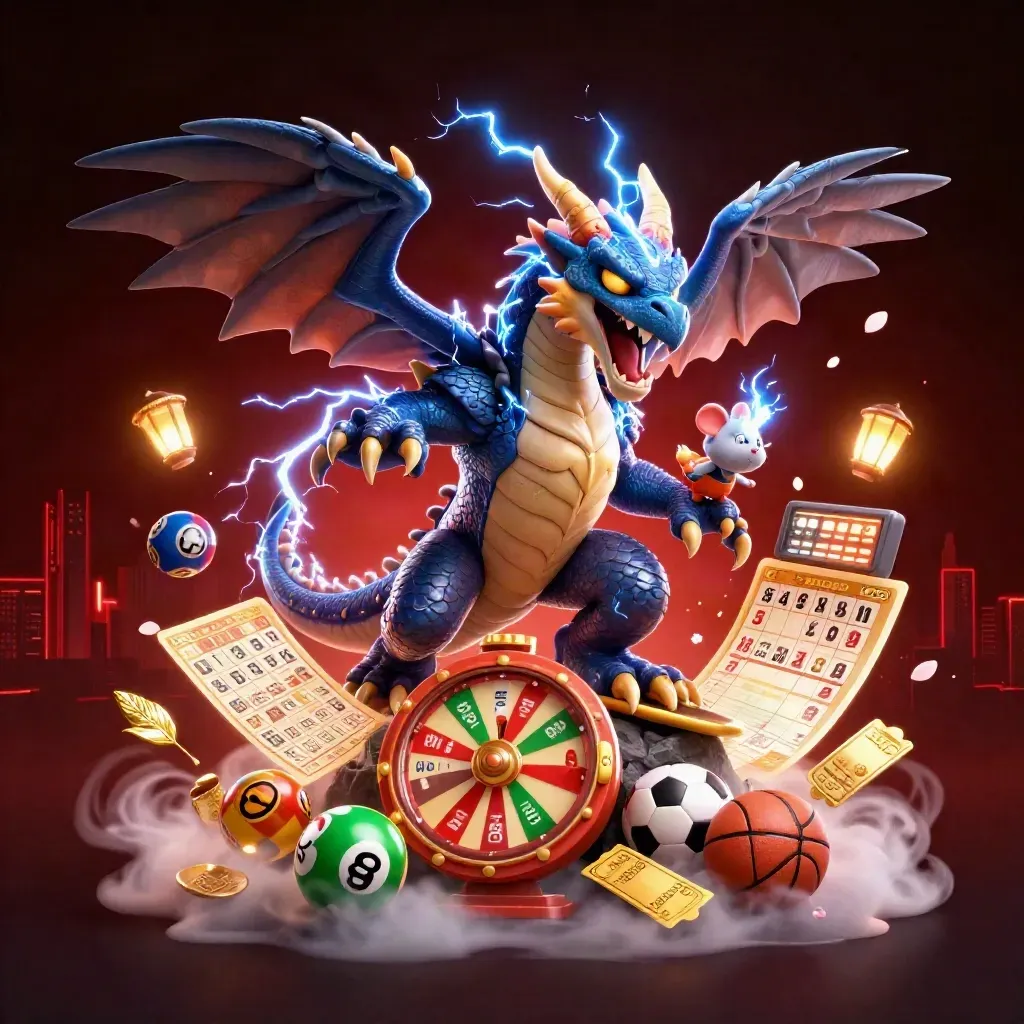 Thunder dragon, wind hawk, and mouse amid casino props on a dark gold-lit backdrop.