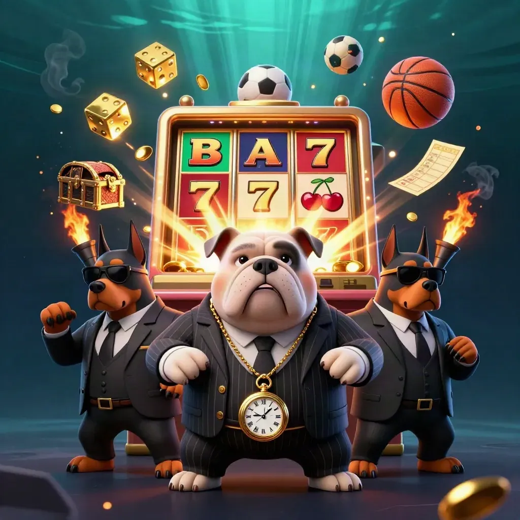 Bulldog mafia boss and two Dobermans amid exploding slots, gold dice, balls, and treasure.