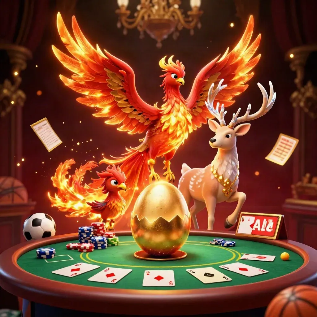 Fire phoenix, baby phoenix, and crystal stag amid casino chips, cards, balls, and gold light.