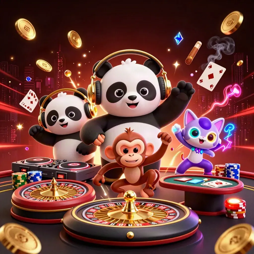 DJ panda, breakdancing monkey, and rave kitten amid casino gold, coins, cards, and neon energy.