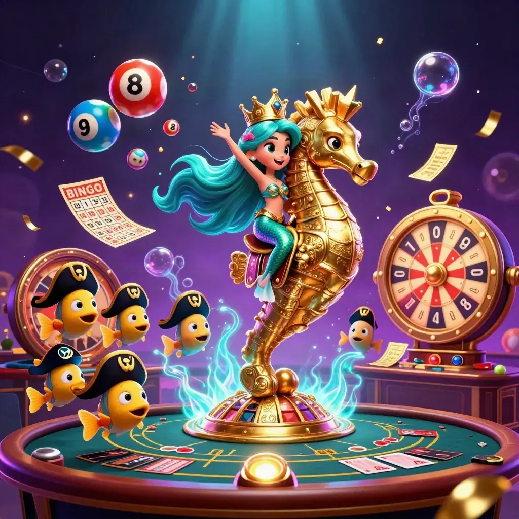Mermaid princess rides a golden seahorse amid casino icons and glowing underwater lights