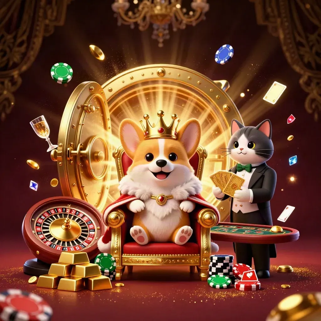 Royal corgi and cat butler in a luxe casino scene with vault light and gold