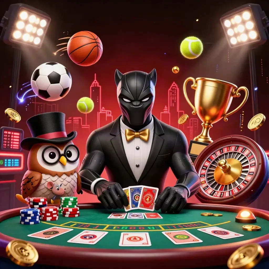Panther, owl, and mouse in luxe casino key art with neon sports and coin effects