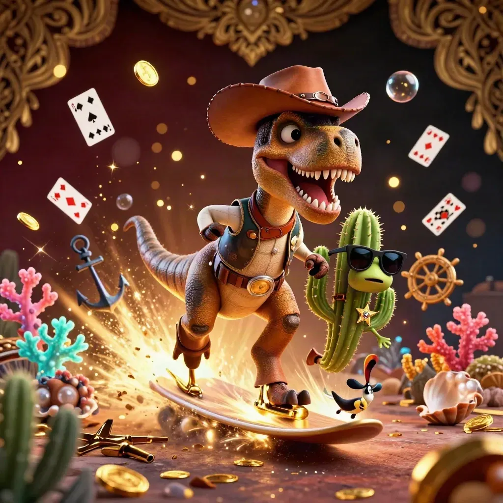 Cowboy T-Rex, cactus sidekick, and roadrunner burst through gold coins in a luxe treasure cove.