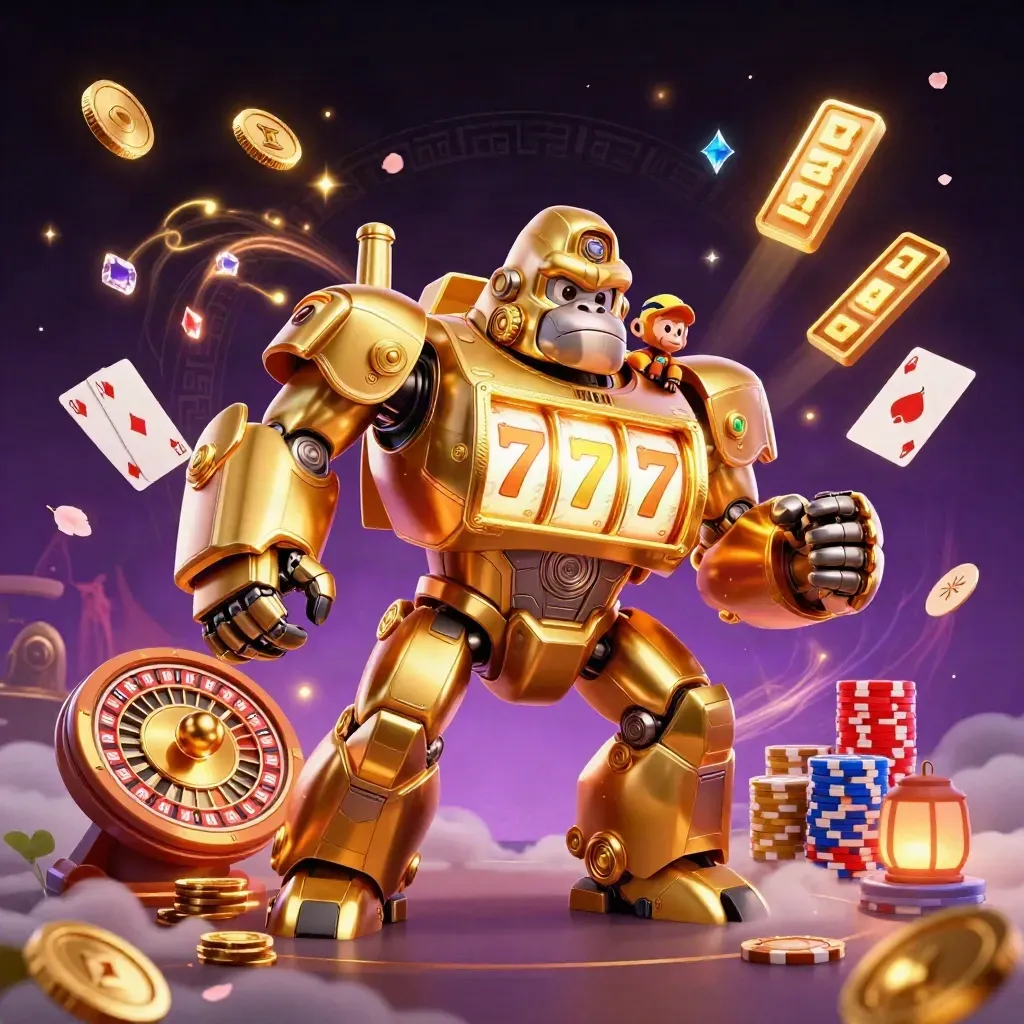 Golden gorilla mech slot hero with monkey pilot, coins, cards, chips, roulette, and casino energy.