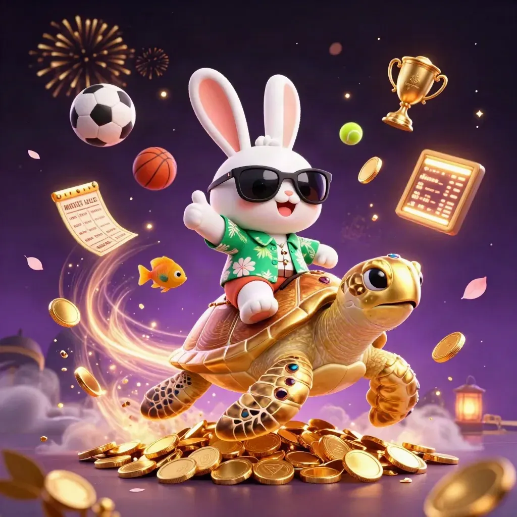 Cartoon rabbit on golden turtle amid coins, trophy, sports balls, fireworks, and a purple cosmic casino scene