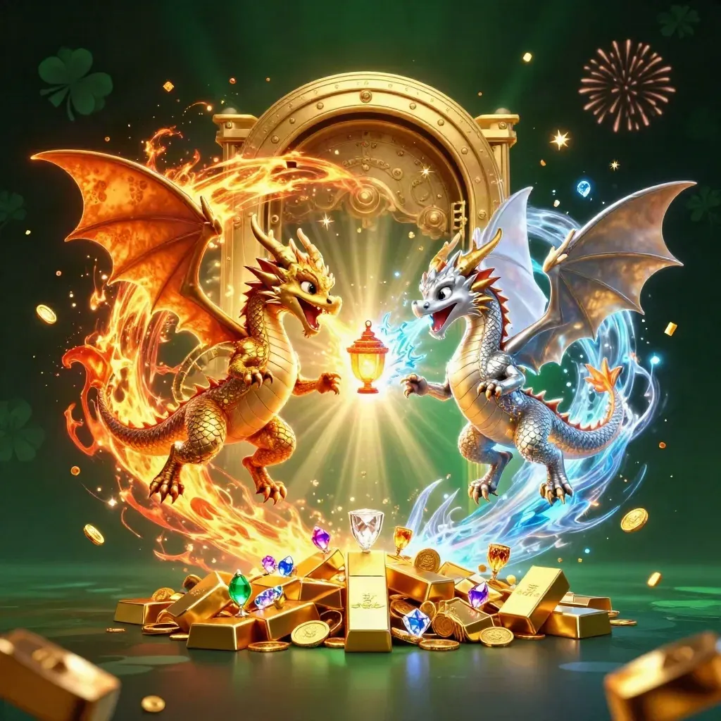 Twin gold and silver dragons spiral around a treasure vault in emerald-black casino glow.