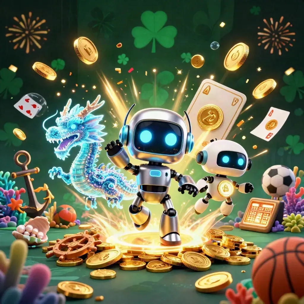 Robot mascot, holographic dragon, and coin drone amid gold coins, coral, fireworks, and treasure.
