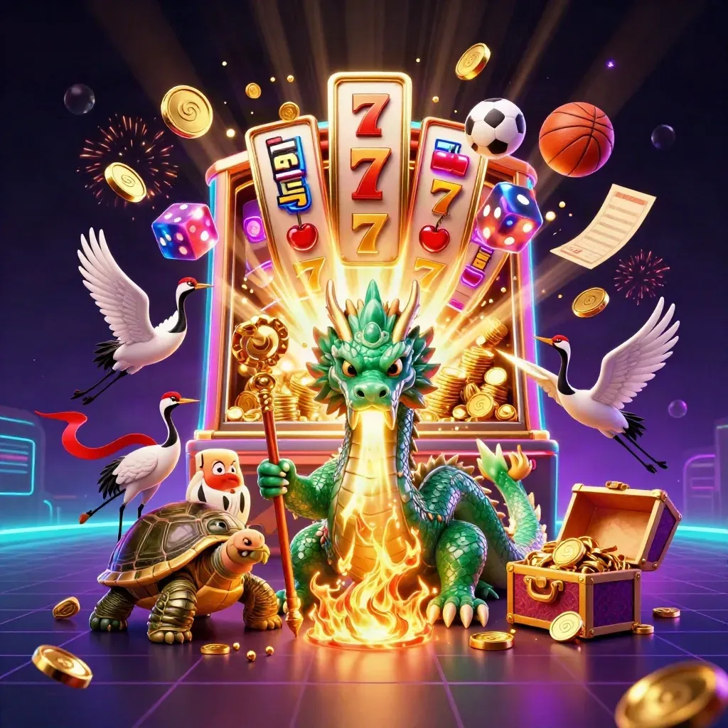 Emerald dragon, turtle sage, cranes, coins, slot burst, treasure chest, neon casino fireworks.