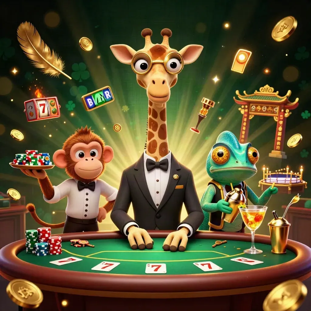 Giraffe high roller, monkey valet, and chameleon bartender amid casino effects and glowing gold light.