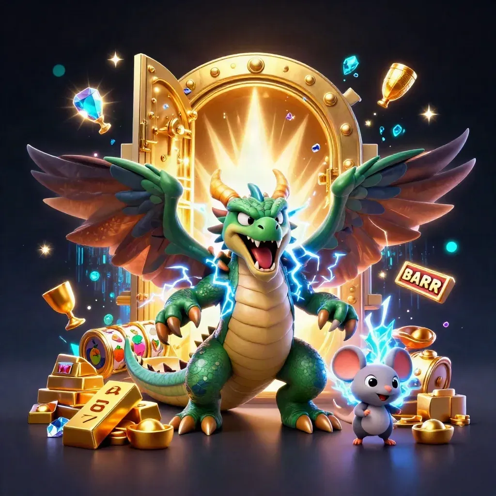 Thunder dragon, wind hawk, and crackling mouse burst from a vault amid casino riches and lightning.