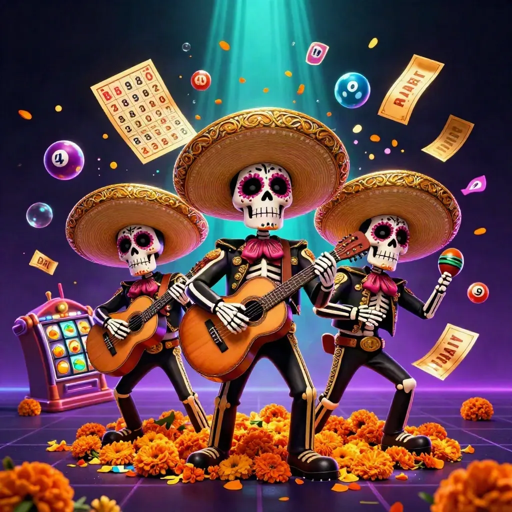 3D skeleton mariachi trio amid casino lights, reels, lottery balls, bingo card, and prize wheel